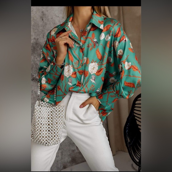 Simplicity Tops - Oversized Floral Satin Button-Up Blouse – Teal Orange Print (New With Tag)